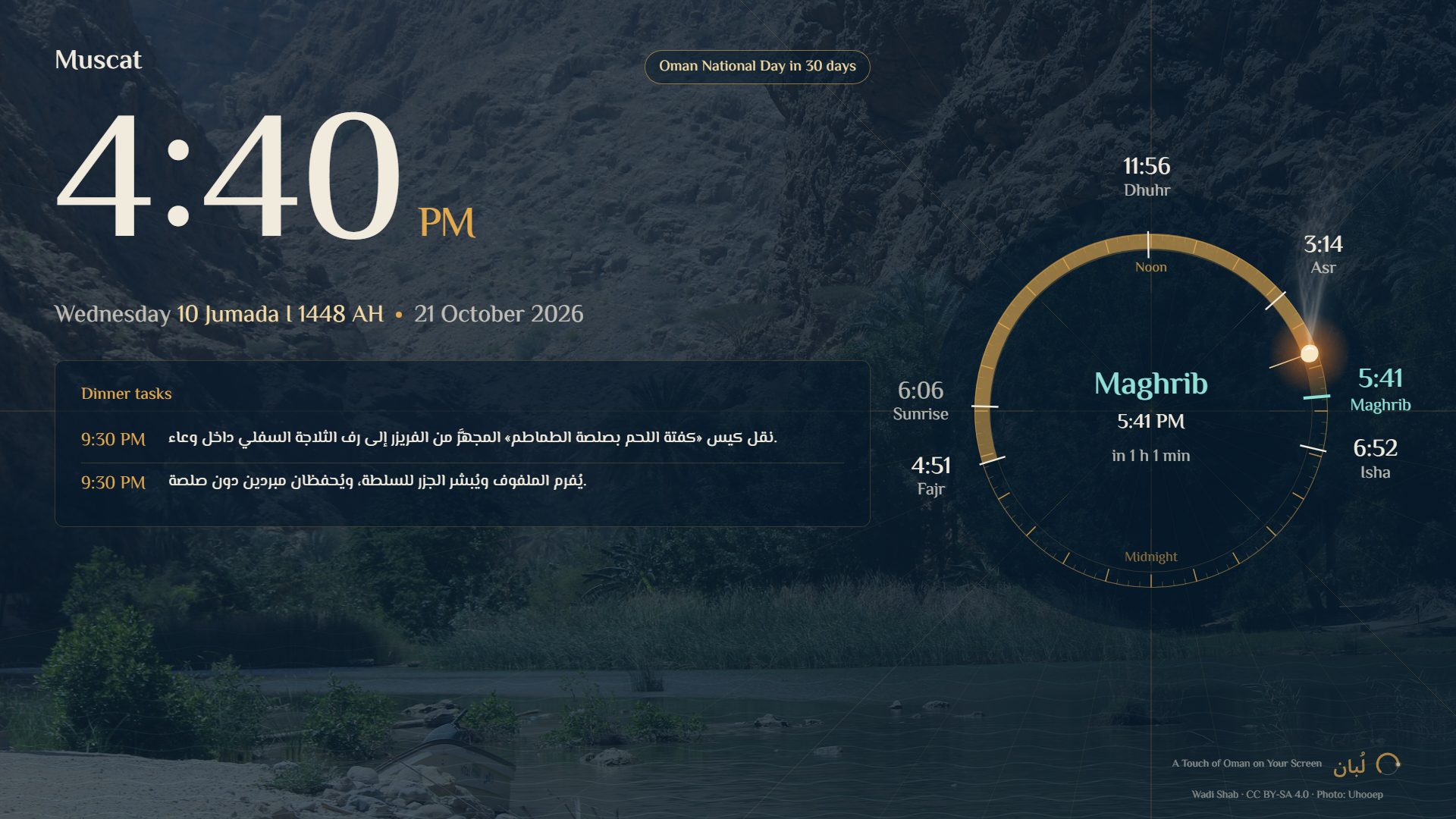 The screensaver showing the dinner tasks card with their times